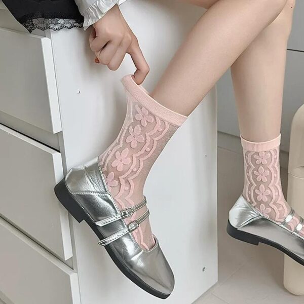 Summer Women’s Crystal Silk Socks – Thin Sheer Glass Silk Mid-Calf Socks with Cute Floral Pattern INS Style