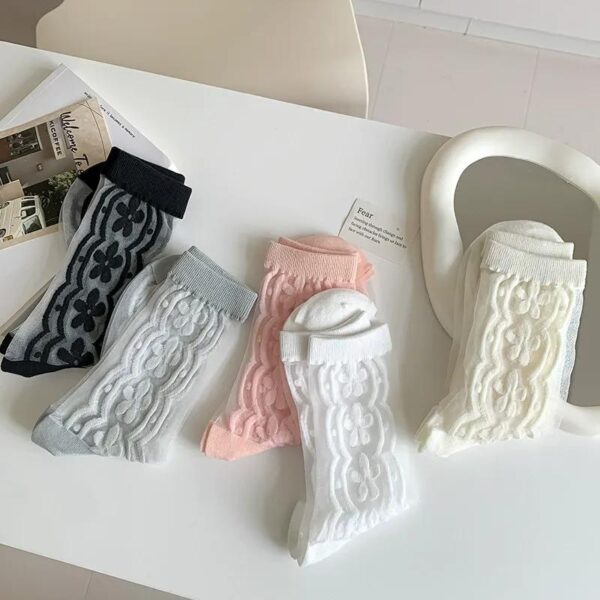 Summer Women’s Crystal Silk Socks – Thin Sheer Glass Silk Mid-Calf Socks with Cute Floral Pattern INS Style