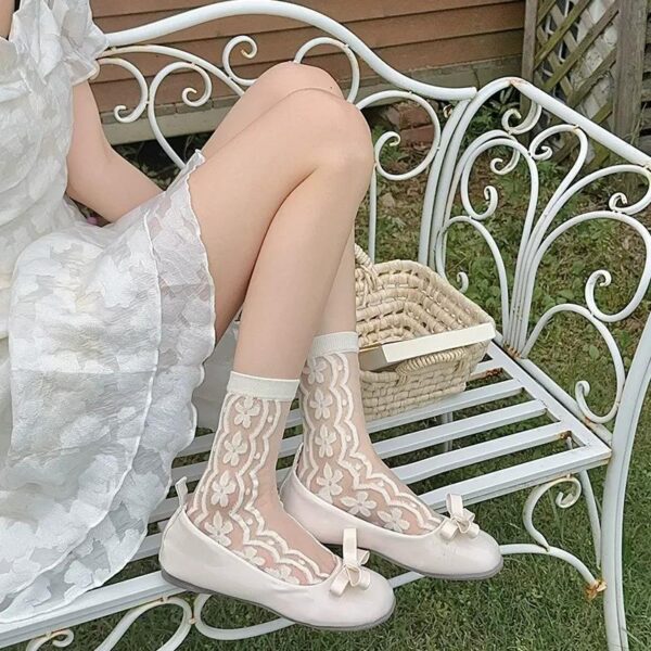 Summer Women’s Crystal Silk Socks – Thin Sheer Glass Silk Mid-Calf Socks with Cute Floral Pattern INS Style