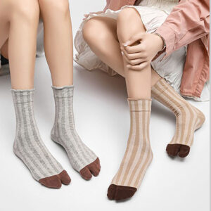 Fashion Women’s Tabi Socks Thin Split Toe Cotton Mid Calf Striped Summer Five Finger Casual Socks
