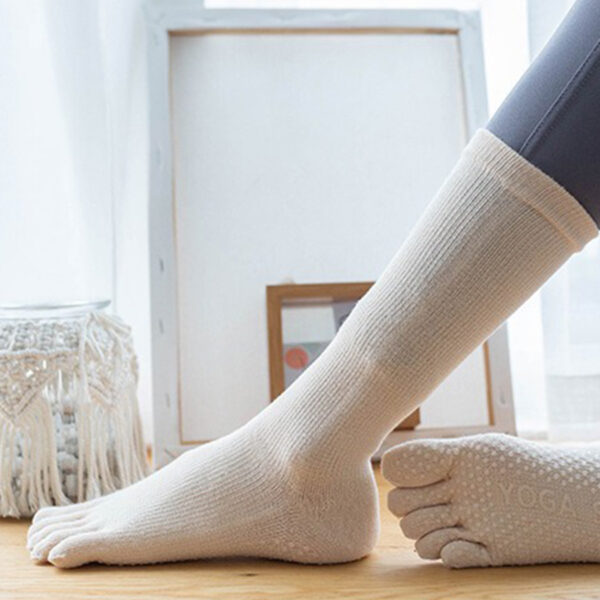 Non Slip Grip Yoga Socks Women Mid Calf Toe Separator Pilates Socks Autumn Winter Workout Socks