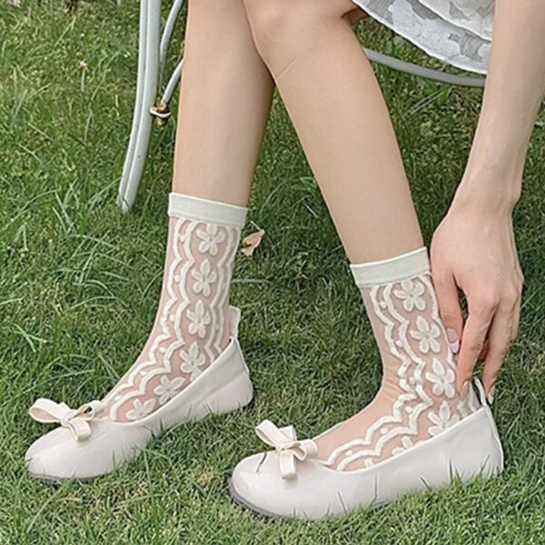 Summer Women’s Crystal Silk Socks – Thin Sheer Glass Silk Mid-Calf Socks with Cute Floral Pattern INS Style