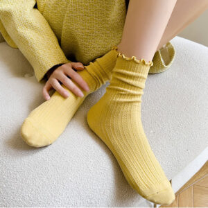Black Ruffle Edge Women’s Cotton Socks – Autumn Winter Japanese Korean Style Slouch Long Mid-Calf Boots Socks