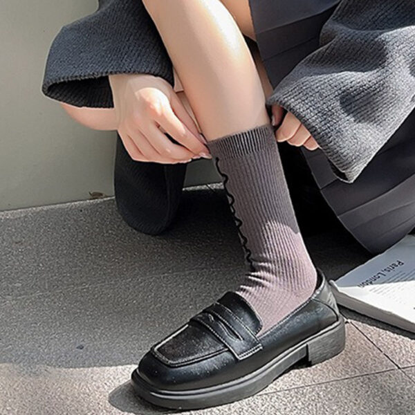 Sweet Ruffle Edge Women’s Socks – Autumn Winter Double Needle Knit Slouch Mid-Calf Socks with Cute Lace Trim