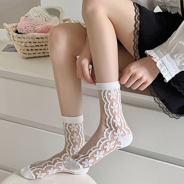 Summer Women’s Crystal Silk Socks – Thin Sheer Glass Silk Mid-Calf Socks with Cute Floral Pattern INS Style