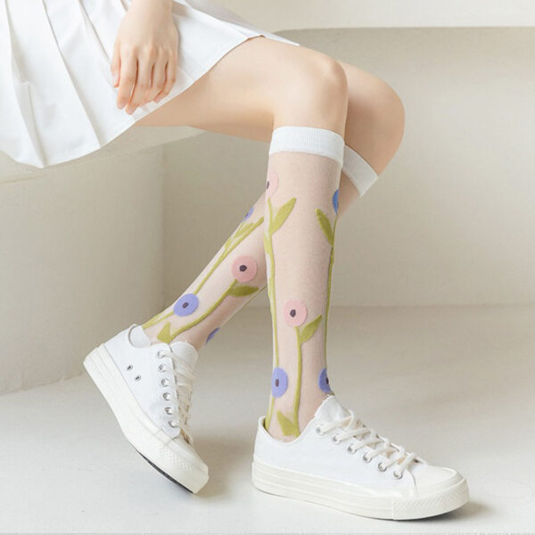 Women’s Summer Thin Transparent Floral Glass Silk Knee-High Socks – Japanese Sweet Lolita INS Style