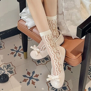 Summer Women’s Crystal Silk Socks – Thin Sheer Glass Silk Mid-Calf Socks with Cute Floral Pattern INS Style