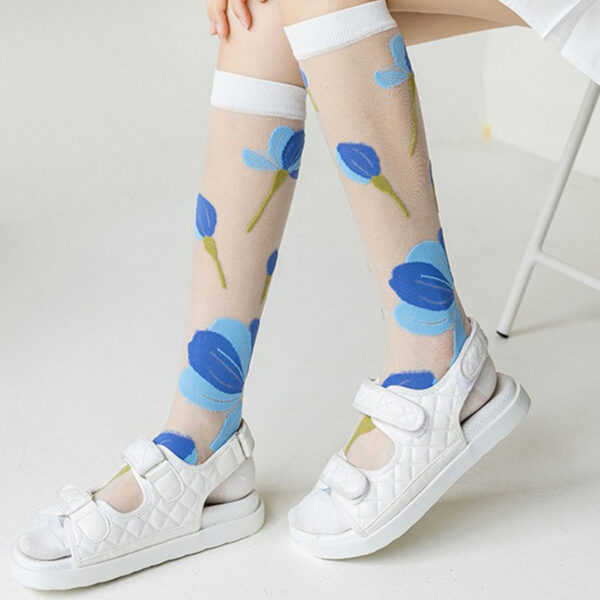 Women’s Summer Thin Transparent Floral Glass Silk Knee-High Socks – Japanese Sweet Lolita INS Style