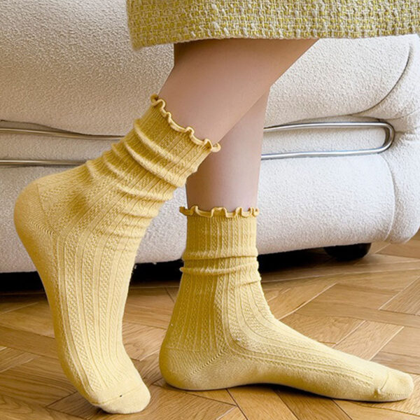 Black Ruffle Edge Women’s Cotton Socks – Autumn Winter Japanese Korean Style Slouch Long Mid-Calf Boots Socks