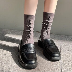 Sweet Ruffle Edge Women’s Socks – Autumn Winter Double Needle Knit Slouch Mid-Calf Socks with Cute Lace Trim