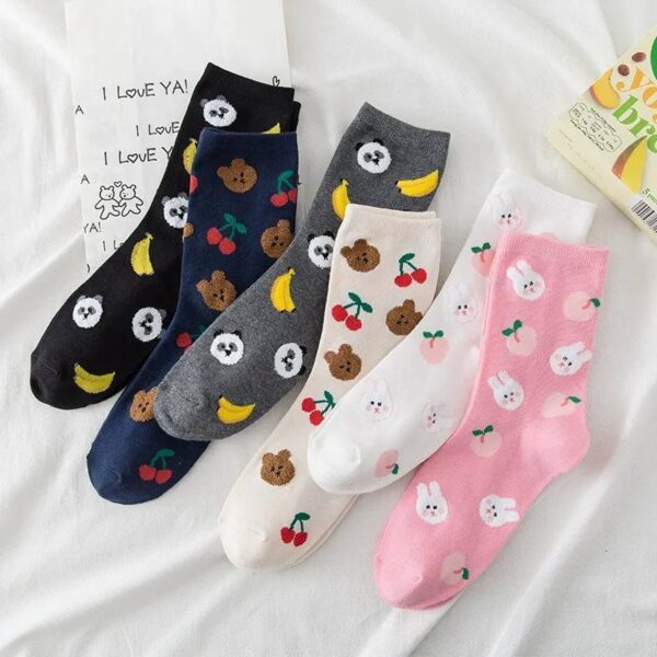 Women’s Spring Autumn Korean INS Socks – Cute Cotton Mid-Calf Socks with Fruit and Animal Patterns