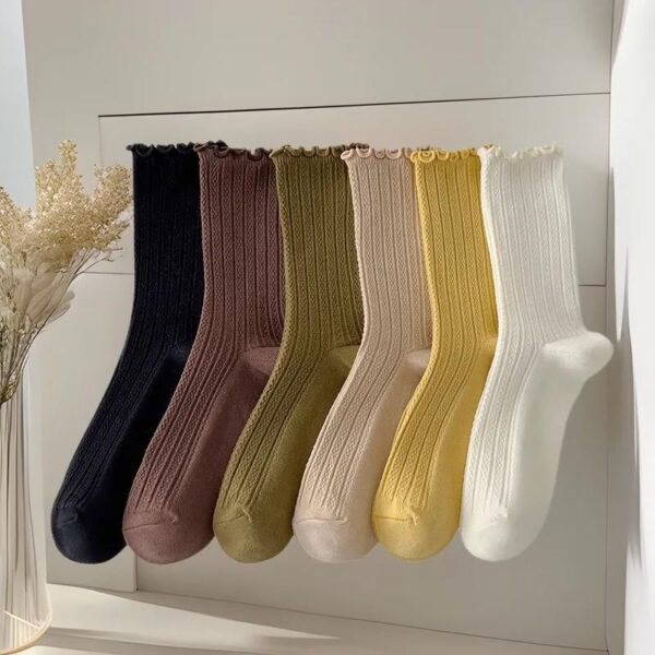 Black Ruffle Edge Women’s Cotton Socks – Autumn Winter Japanese Korean Style Slouch Long Mid-Calf Boots Socks