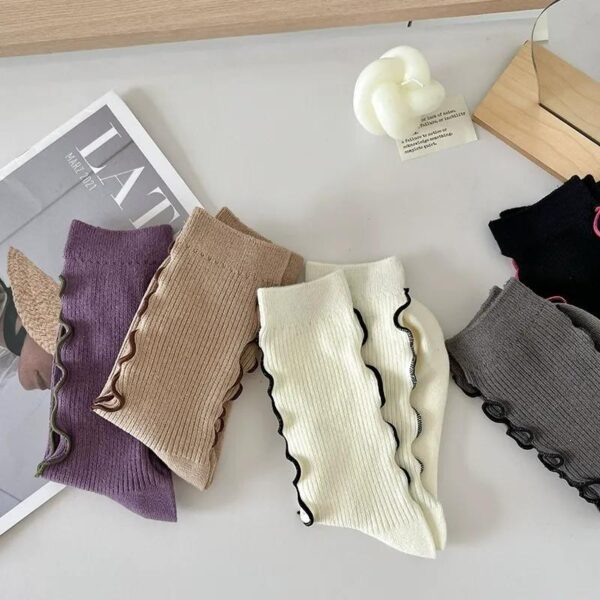 Sweet Ruffle Edge Women’s Socks – Autumn Winter Double Needle Knit Slouch Mid-Calf Socks with Cute Lace Trim