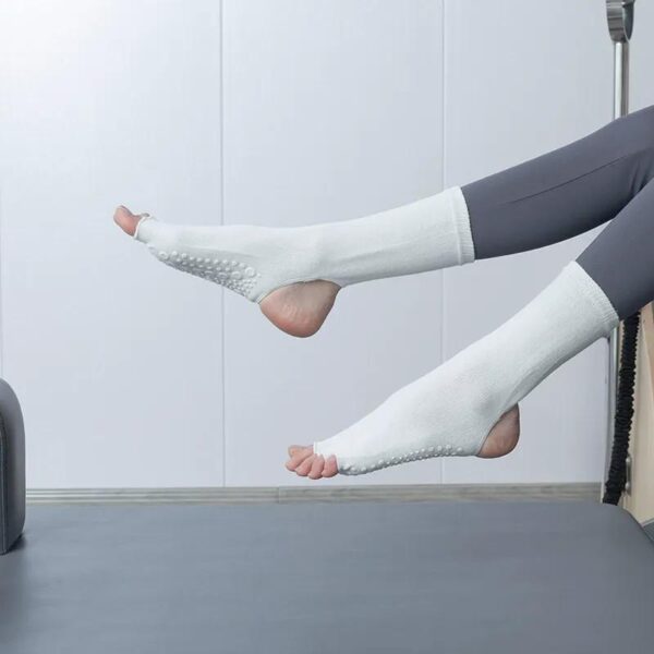 Open Toe Heel Yoga Socks Women Mid Calf Cotton Non Slip Pilates Socks Grip Training Floor Socks