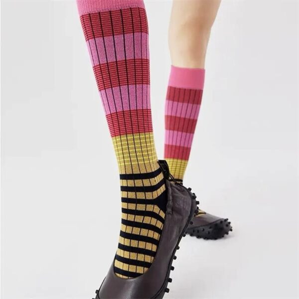 Unisex Retro Color Block Stripe Socks American Style Niche Design Outdoor Streetwear Calf Long Tube Socks