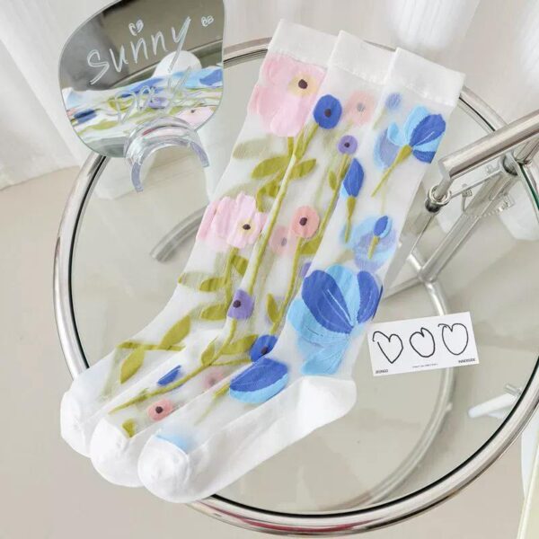 Women’s Summer Thin Transparent Floral Glass Silk Knee-High Socks – Japanese Sweet Lolita INS Style