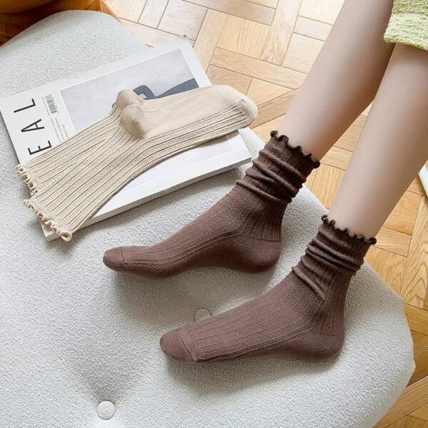 Black Ruffle Edge Women’s Cotton Socks – Autumn Winter Japanese Korean Style Slouch Long Mid-Calf Boots Socks