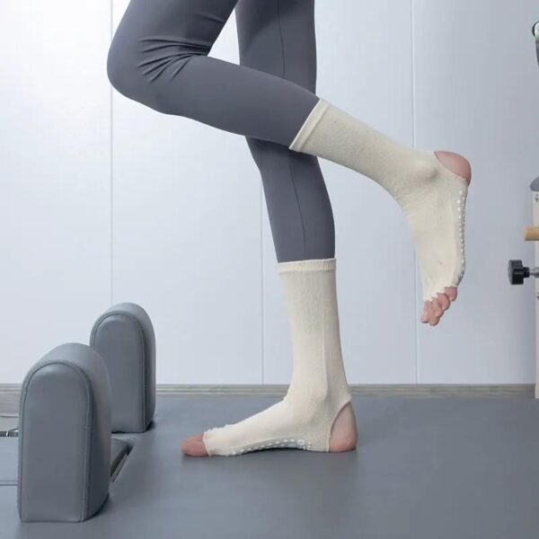 Open Toe Heel Yoga Socks Women Mid Calf Cotton Non Slip Pilates Socks Grip Training Floor Socks