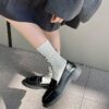 Sweet Ruffle Edge Women’s Socks – Autumn Winter Double Needle Knit Slouch Mid-Calf Socks with Cute Lace Trim