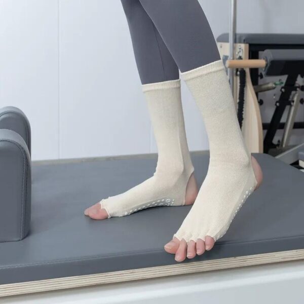Open Toe Heel Yoga Socks Women Mid Calf Cotton Non Slip Pilates Socks Grip Training Floor Socks