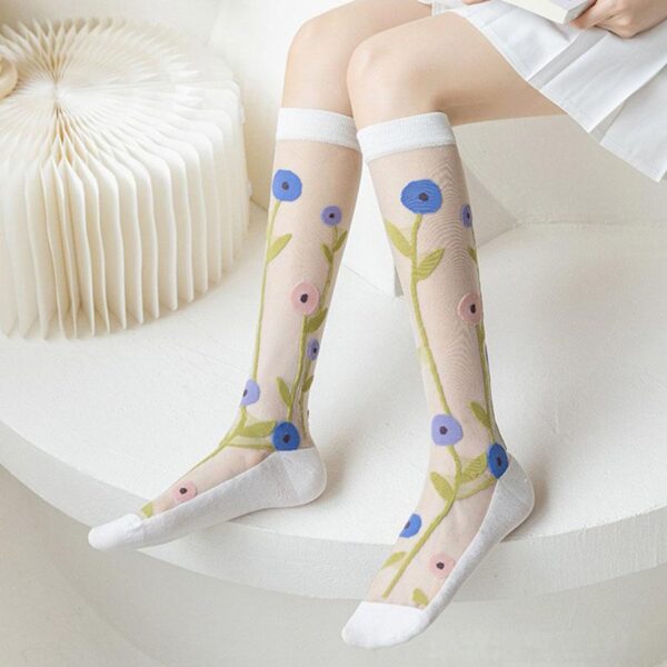 Women’s Summer Thin Transparent Floral Glass Silk Knee-High Socks – Japanese Sweet Lolita INS Style