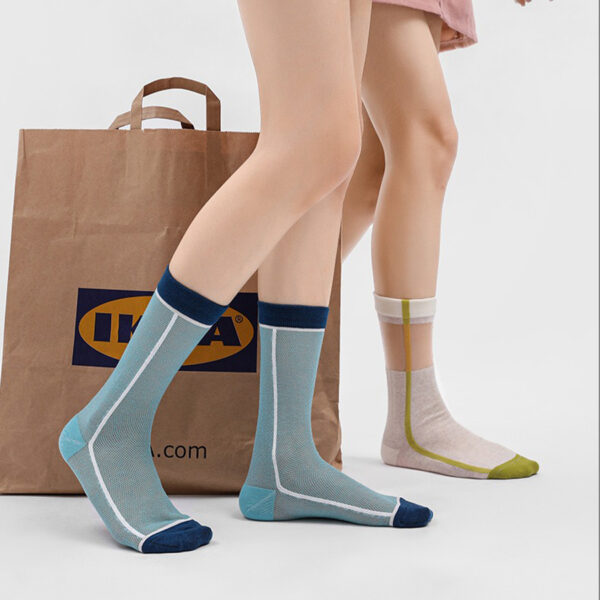 Summer Breathable Glass Silk Socks Women Colorful Stripe Mid Calf Thin Sheer Contrast Color Fashion Socks