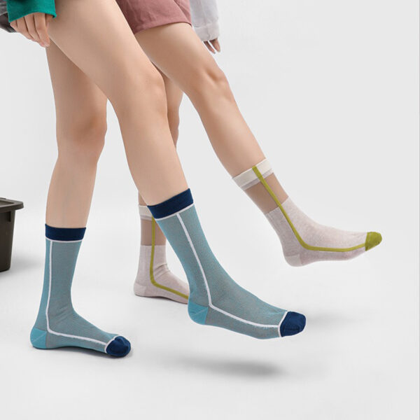 Summer Breathable Glass Silk Socks Women Colorful Stripe Mid Calf Thin Sheer Contrast Color Fashion Socks