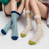 Summer Breathable Glass Silk Socks Women Colorful Stripe Mid Calf Thin Sheer Contrast Color Fashion Socks