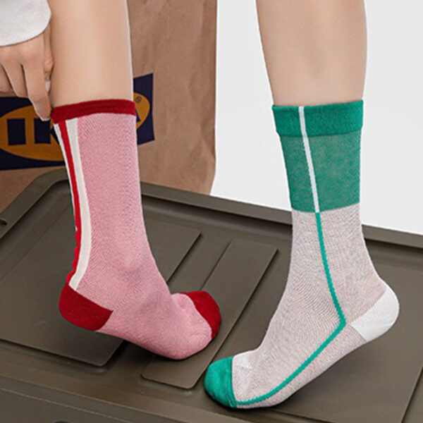Summer Breathable Glass Silk Socks Women Colorful Stripe Mid Calf Thin Sheer Contrast Color Fashion Socks